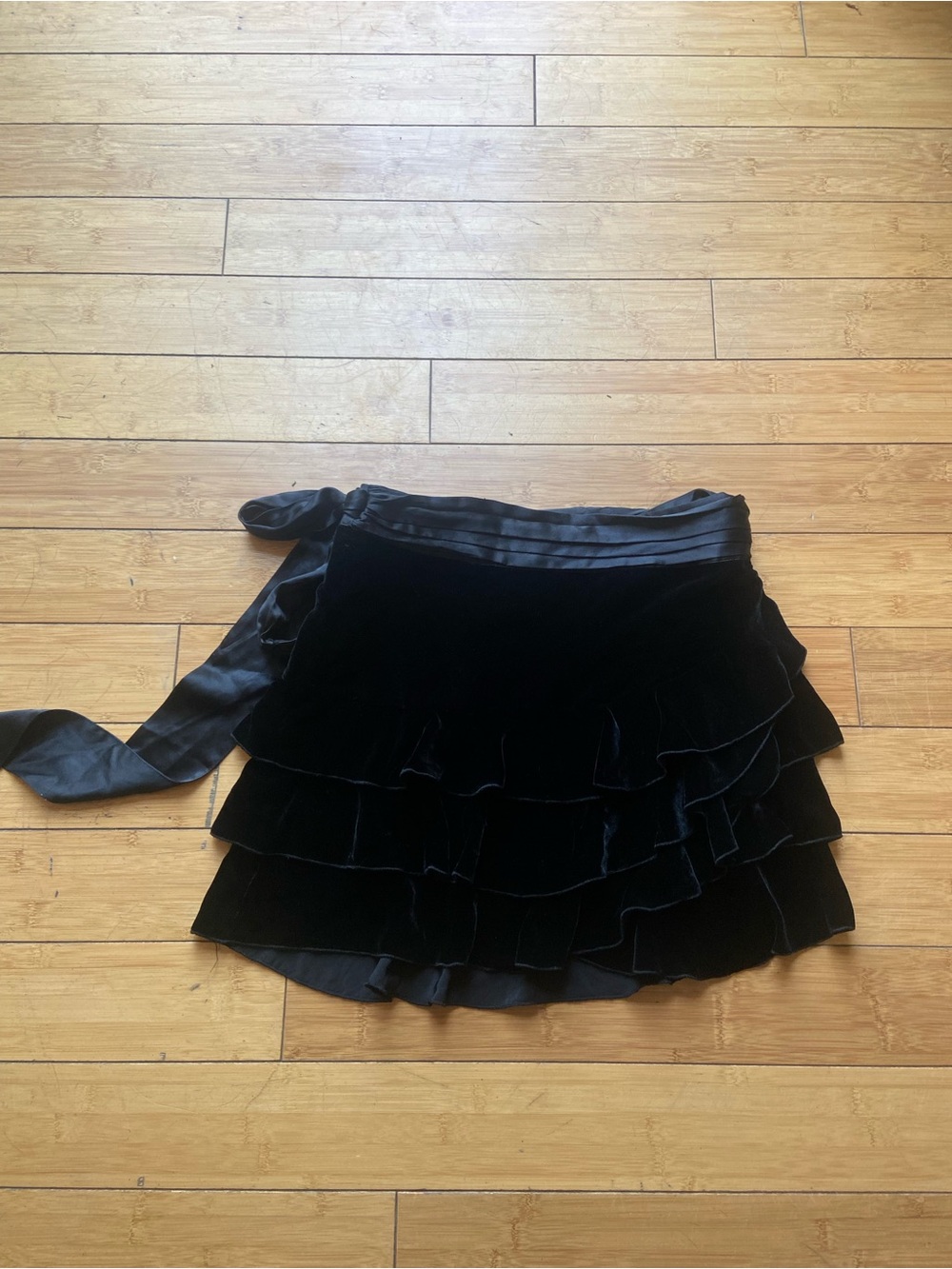 Juicy Couture Wrap Black Velvet Tiered Ruffle Skirt with Satin Tie